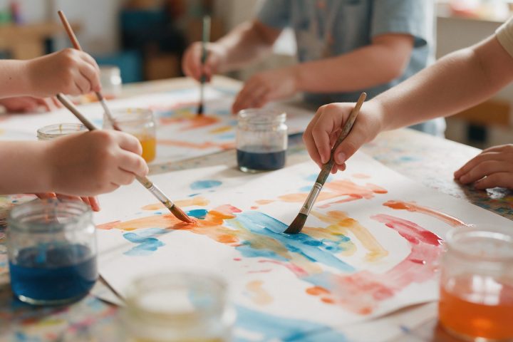 Mãos de crianças a pintar com aguarelas sobre papel