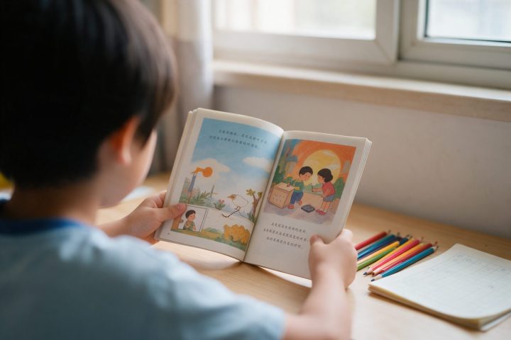 Criança a ler um livro ilustrado à secretária, com lápis de cor ao lado