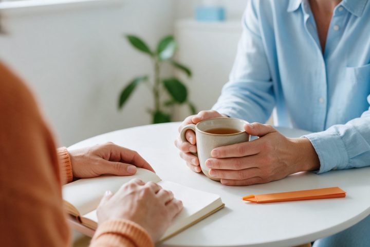Duas pessoas a conversar à mesa, uma delas com uma chávena de chá nas mãos