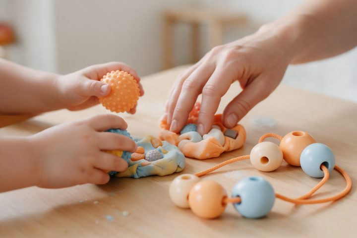 Mãos de uma criança a brincar com materiais sensoriais, com a ajuda da terapeuta